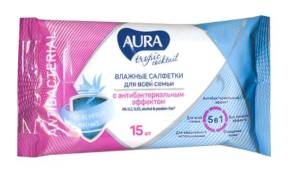 Влажные салфетки Aura с антибактериальным эффектом 15 шт